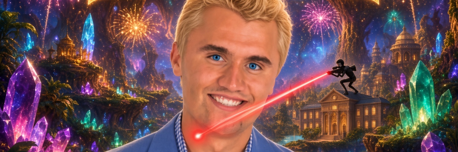Annikirkery grinning in the crystal caverns of Agartha while a rooftop sniper paints him with a red laser